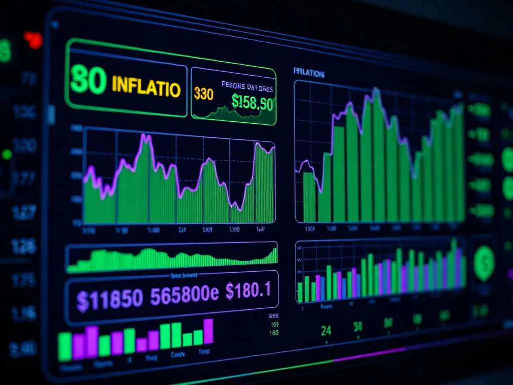 A high-tech digital interface showing financial charts, infl