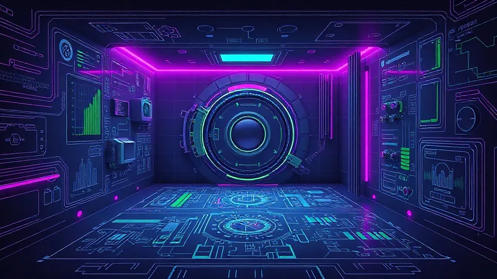 Technical blueprint of a financial vault, dark aesthetic, pu