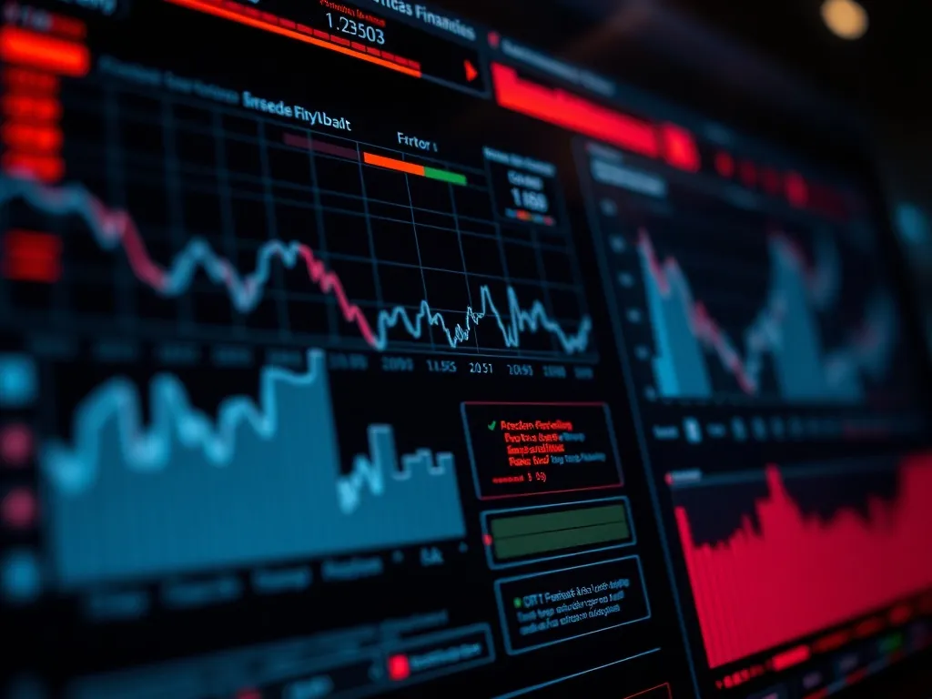A high-tech digital interface showing financial data graphs